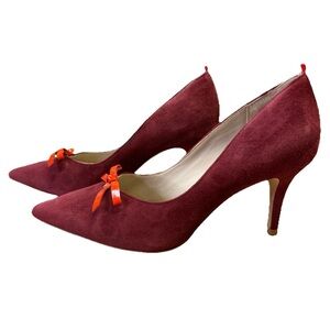 Boden Elenor Pumps Burgundy Suede Red Patent Bow Size EU38/US 7.5